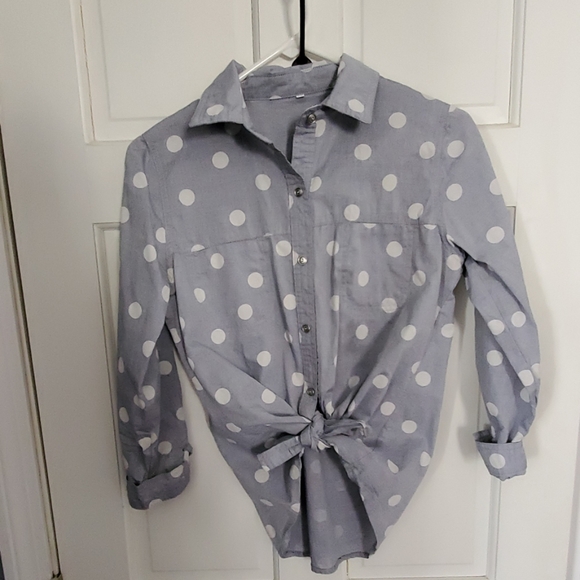 Red Dress Boutique Tops - Light denim color polka dot button down shirt